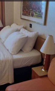 The bed, nightstand and sofa in the balcony cabin on the Carnival Valor